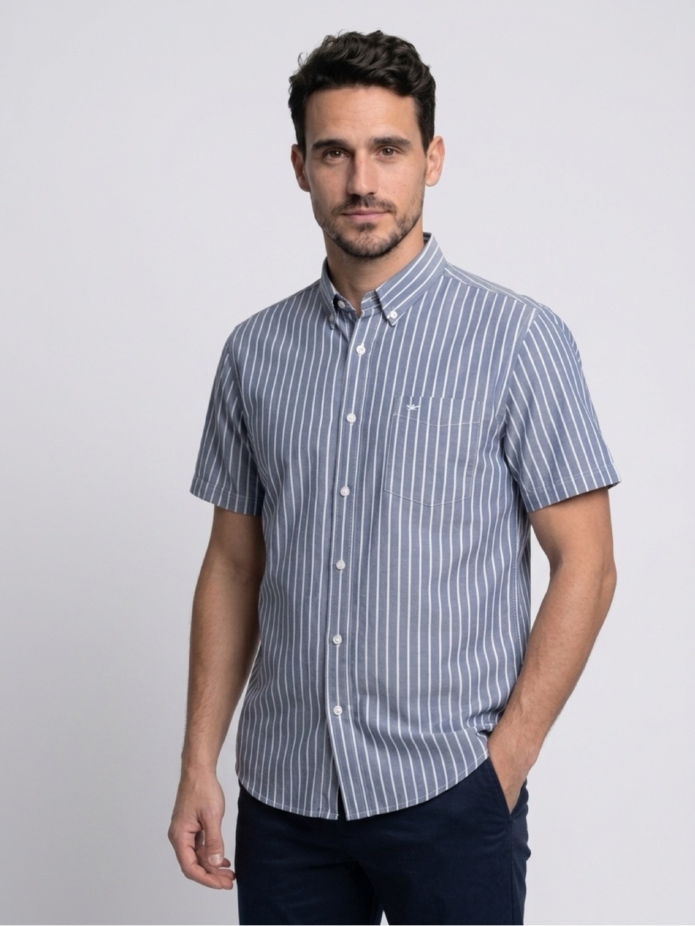Dockers Button Up Shirt Men's L Gray White Striped Short Sleeve Pocket - Picture 9 of 10
